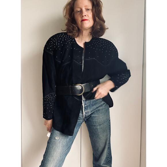Vintage Suede Jacket/Coat Black Rhinestones Deadstock Y2K/90s Era Rocker Chic - Picture 1 of 11